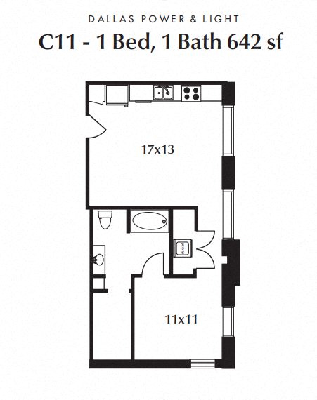 Floor plan for 1 bed, 1 bath, 642 sqft